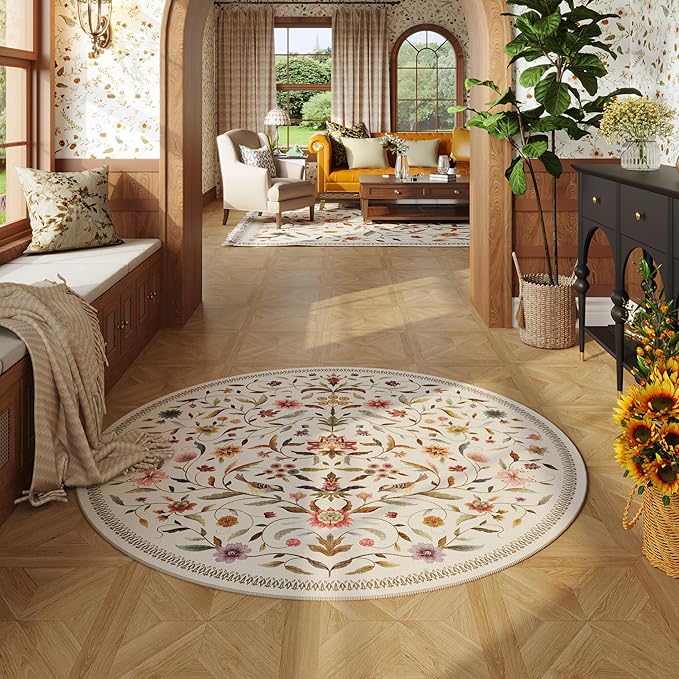 Vintage Medallion Floral Round Rug 4ft, Washable Circle Area Rug, Non-Slip Soft Low Pile Circular Carpet for Bedroom, Living Room, Dining Room, Entryway, Office, Kids, Bathroom | Beige