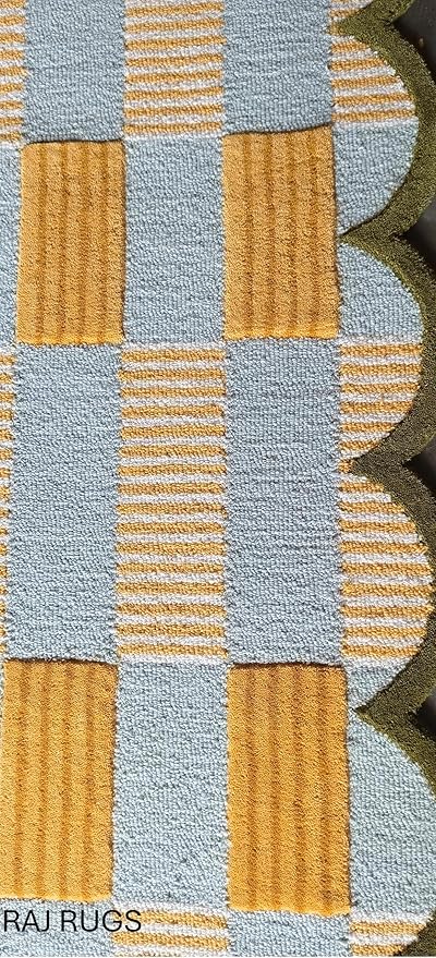 Handmade Scalloped Wool Area Rug - Modern Geometric Pattern, Green-Beige Stripes, Checkered Chevron Design - Soft, Durable Thick Carpet for Living Room, Bedroom (Gold, 9' x 12')