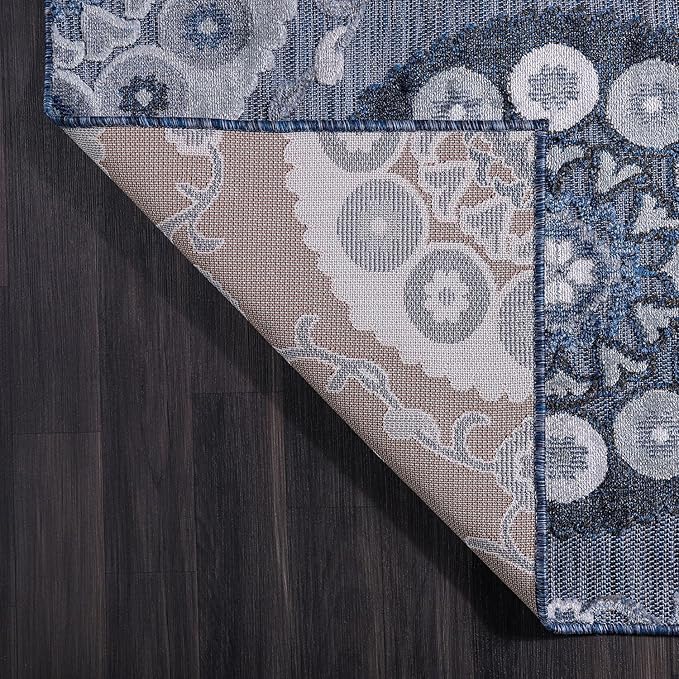 CAMILSON Indoor Outdoor Rug 6x9 Bohemian Medallion Floral Area Rugs for Indoor and Outdoor Patios Easy-Cleaning Non-Shedding Living Room Garden and Kitchen Washable Outside Carpet (6 x 9 / Navy)