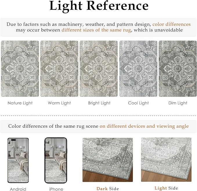 6x9 Grey Washable Vintage Area Rug for Living Room Bedroom Non Slip Distressed Traditional Soft Large Throw Rug Low Pile Lightweight Floral Carpet Office Indoor Playroom Dining Room