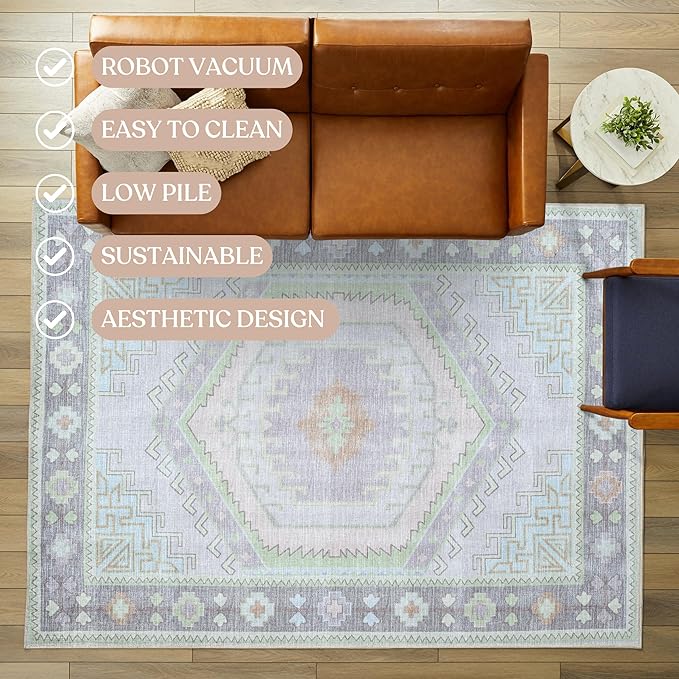 Fame Living Washable Area Rug. Modern Farmhouse. Vintage. Turkish. Bohemian. Distressed. Oriental. Traditional. Rugs for Living Room. Dining. Bedroom. Office. Entryway. Foyer. (856GrnCrm, 5' x 6'9")