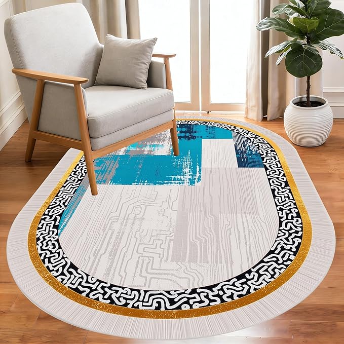Vintage Luxury Grey Blue Gold Abstract Geometric Texture Oval Area Rug 5x8 for Living Room Bedroom Dining Room Minimalist Bordered Large Rugs Nursery Dorm Kitchen Entryway Soft Non Skid Floor Carpet