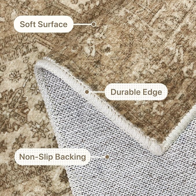 Bavni 2x5 Runner Rug Non Slip, Machine Washable Rug Runners for Hallways, Vintage Distressed Print Kitchen Runner, Low Pile Lightweight Carpet Runner for Entryway Laundry Bedroom Bathroom Nut Brown