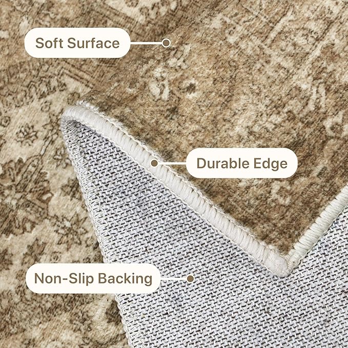 Bavni 8x10 Area Rugs for Living Room, Machine Washable Rug Non Slip, Vintage Chenille Distressed Print Carpet, Large Low Pile Ultra-Thin Lightweight Rugs for Bedroom, Dining Room, Office, Nut Brown