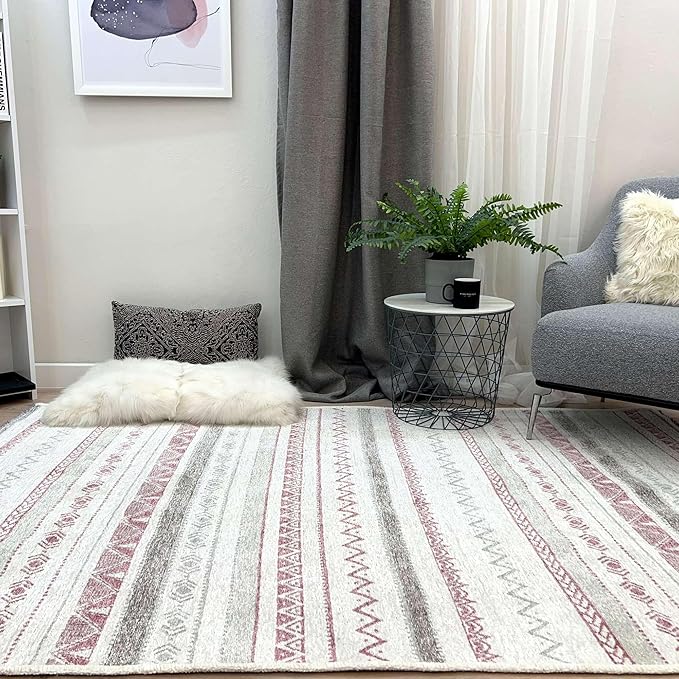 Alfa Rich 5x8 Mauve Off White Washable Area Rugs for Living Room Bedroom Kitchen Decor Cotton Rug
