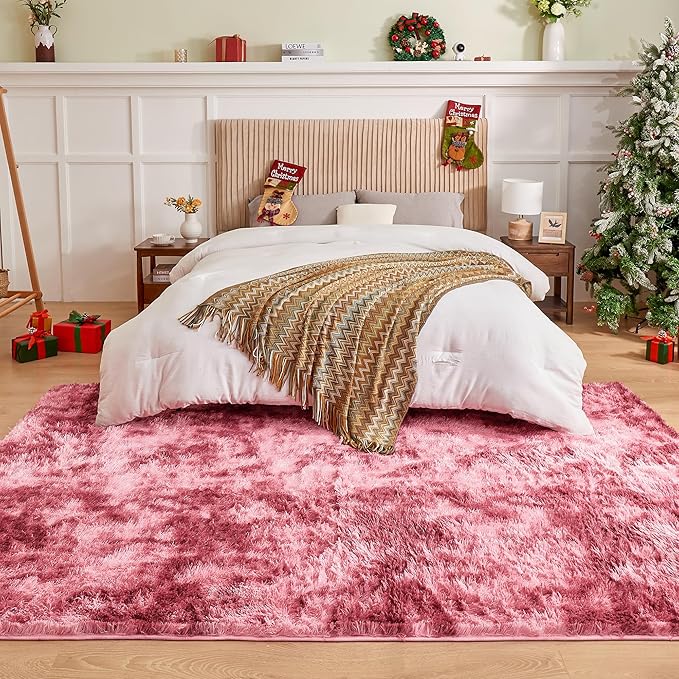 Andency Soft Area Rugs for Living Room Bedroom, 4x6 Fluffy Shaggy Bedside Rug, Non-Slip Large Shag Fuzzy Plush Carpets for Bedroom Kids Dorm Nursery Home Decor Aesthetic, Tie-Dyed Dark Red