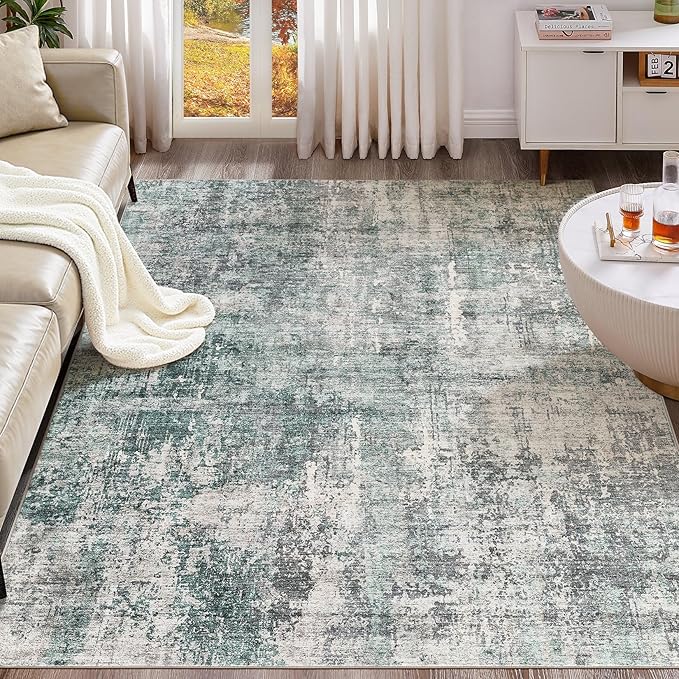 9x12 Area Rug Living Room Rugs - Washable Neutral Modern Abstract Soft Thin Large Rug Indoor Floor No Slip Rug Carpet for Bedroom Under Dining Table Home Office Decor - Green/Grey