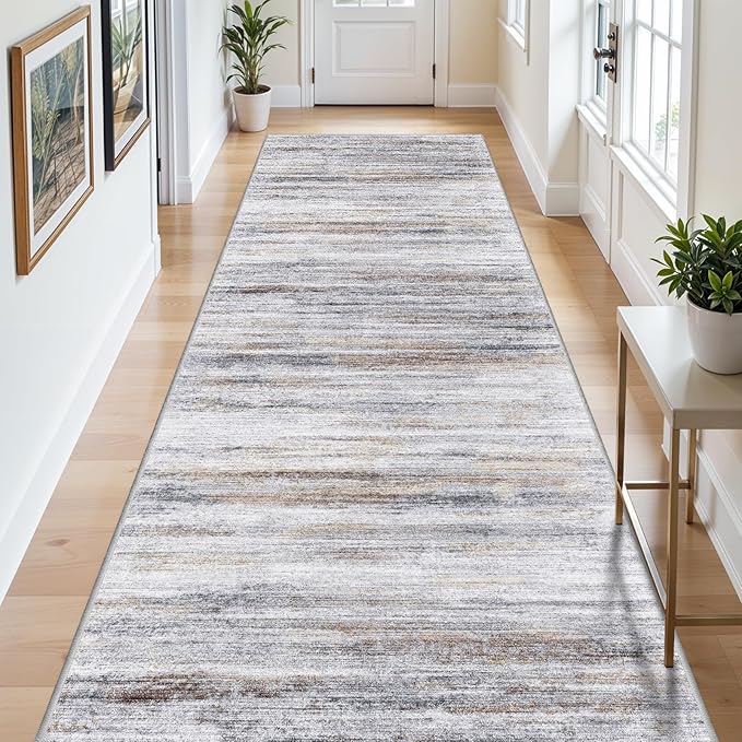 Large Runner Rugs for Hallway 4x18: Non-Slip Washable Wide Carpet - Soft Low-Pile Stain and Spill Resistant Rug for Entryway Living Room Dining Room Balcony Garage Office Beige Grey