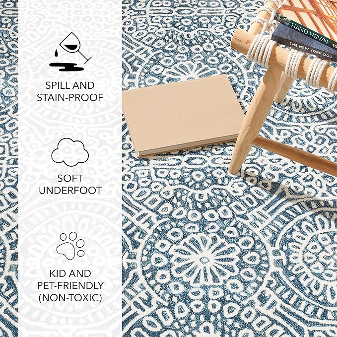 Dash and Albert Temple Ink Machine Washable Area Rug - 5' x 8' Blue - Geometric Accent Rug - Anti-Slip Backing, Lightweight, Machine Washable, High Traffic Areas Kitchen, Mudroom, Laundry Room