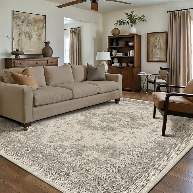 8x10 Washable Area Rug Beige Grey Vintage Distressed Large Rug for Living Room Oriental Soft Thin Indoor Retro Gray Carpet Non Slip Low Pile Floor Cover Bedroom Dining Room Office Nursery
