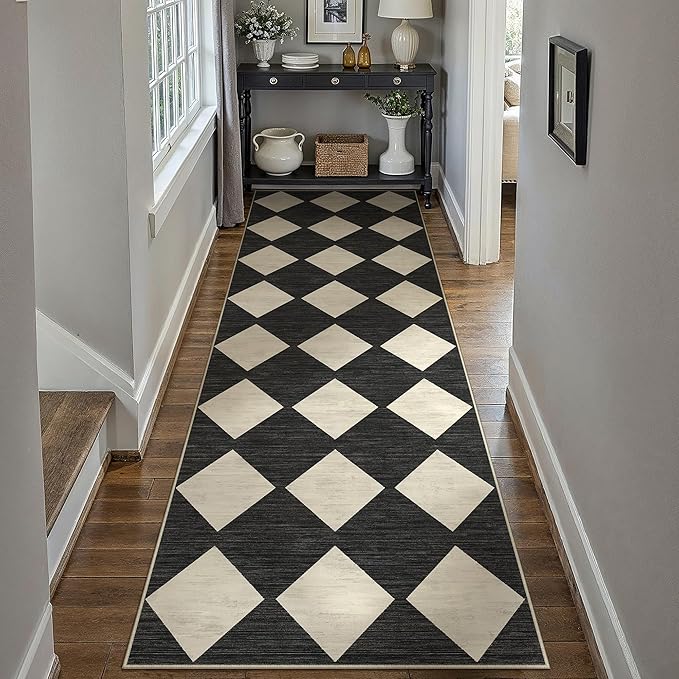 3x8 Runner Checkered Rug for Hallways Black Washable Long Carpet Non-Slip Low Pile Boho Indoor Accent Throw Rug for Entrance Kitchen Bedroom Dining Laundry