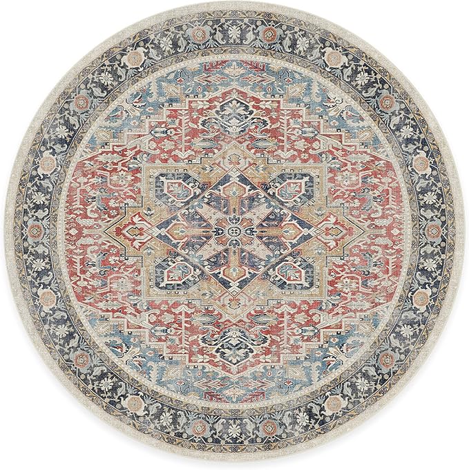 RUGGABLE Washable Vintage Area Rug – Kamran Cayenne Red 8 ft Round, Stain-Resistant, Non-Slip – Large Machine Washable Rugs for Living Room, Bedroom, Hallway, Entryway & Office–with Standard Pad