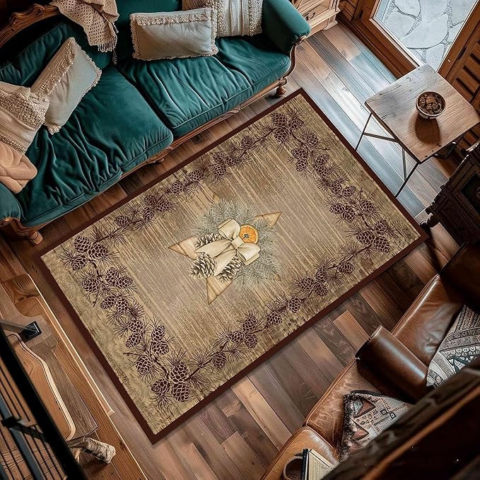 Vintage Pine Cone Area Rug 4x5ft Rustic Lodge Wooded Pine Cone Area Rug Wood Grain Star Leaf Distressed Indoor Non-Slip Washable Carpet for Dormitory Study Room Fireplace Office