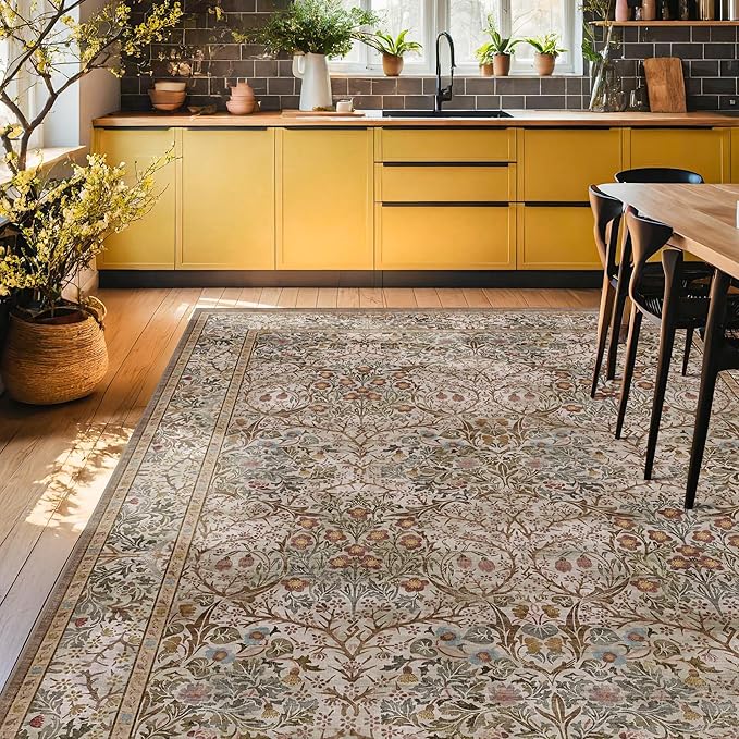Washable 8x12 Large Living Room Area Rug - Non Pile Floral Design Carpet for Dining Room Under Table, Low Pile Vintage Bedroom Rugs, Forest Stain Resistance (Moss & Brown)