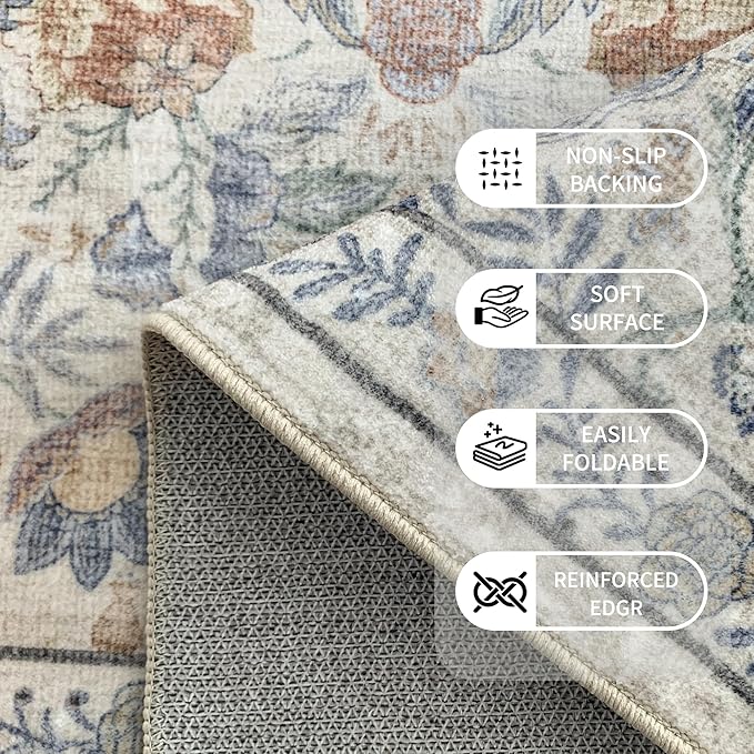 Washable Living Room Rug: 5x7 Boho Floral Soft Area Rug for Bedroom Decor - Vintage Low Pile Thin Carpet for Dining Room Non-Slip - Farmhouse Stain Resistant Rugs - Beige Blue