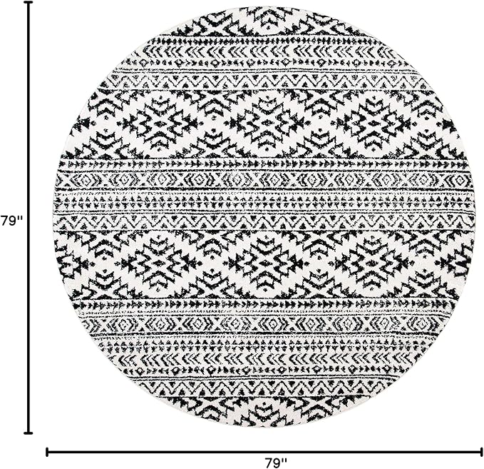 SAFAVIEH Tulum Collection Area Rug - 6'7" Round, Ivory & Black, Moroccan Boho Tribal Design, Non-Shedding & Easy to Clean, Ideal for Living Room, Bedroom, Dining Space (TUL272B)