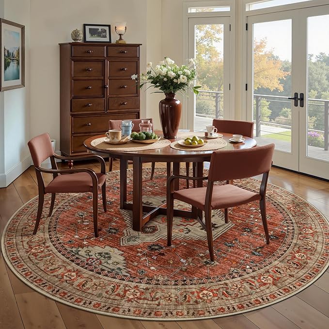 Tangsoo Round Rug 4ft Washable Circle Rug, Vintage Non Slip Small Boho Round Rug, Low Pile Circular Rugs, Round Carpet for Bedroom,Entryway,Nursery,Dorm,Kitchen,Terracotta