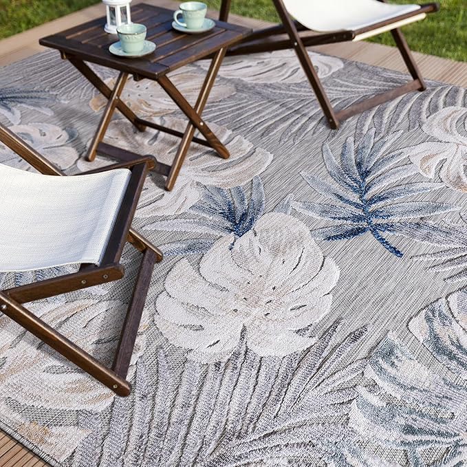 CAMILSON Indoor Outdoor Rug, Blue 5x7 Leaf Tropical Botanical Area Rugs for Indoor and Outdoor patios, Easy-Cleaning Non-Shedding Living Room, Garden and Kitchen Washable Outside Carpet (5 x 7)