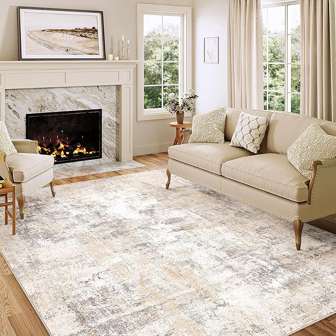5x7 Washable Area Rug Beige Grey Abstract Living Room Bedroom Throw Rug Neutral Modern Non Slip Soft Low Pile Indoor Carpet for Dining Room Office Entryway