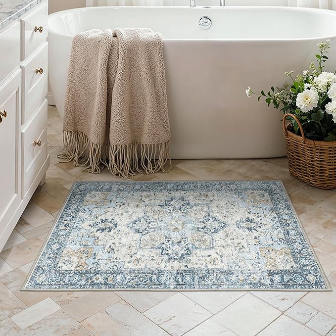 Area Rug 2x3 Doormat, Machine Washable Low Pile Vintage Rugs, Small Lightweight Rug Entryway Indoor Mat for Entrance, Hallway, Kitchen and Corridor, Blue