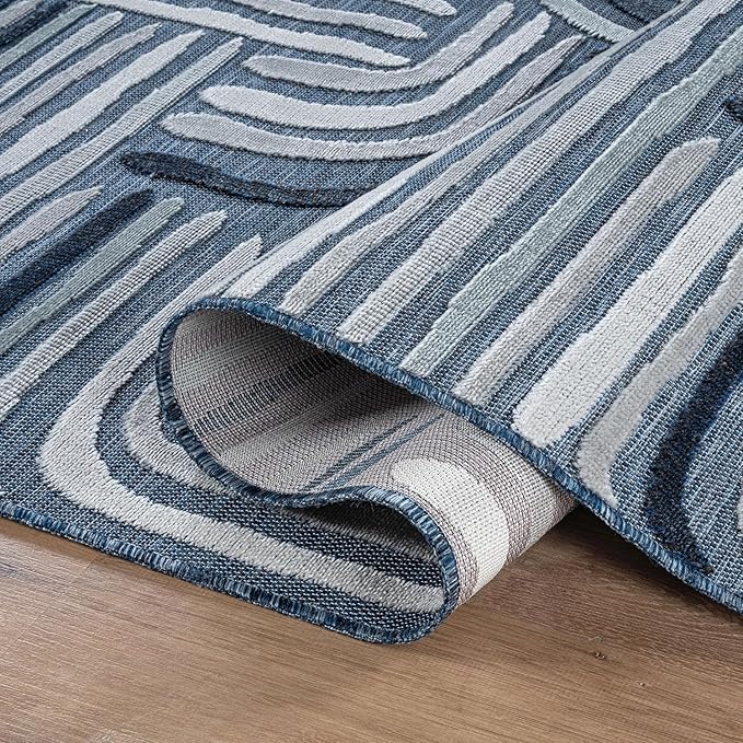 CAMILSON Indoor Outdoor Rug, Navy Blue 10x14 Geometric Arch Striped Large Area Rugs for Patio and Home Areas, Easy-Cleaning Non-Shedding Living Room, Garden and Deck Washable Outside Carpet 10 x 14