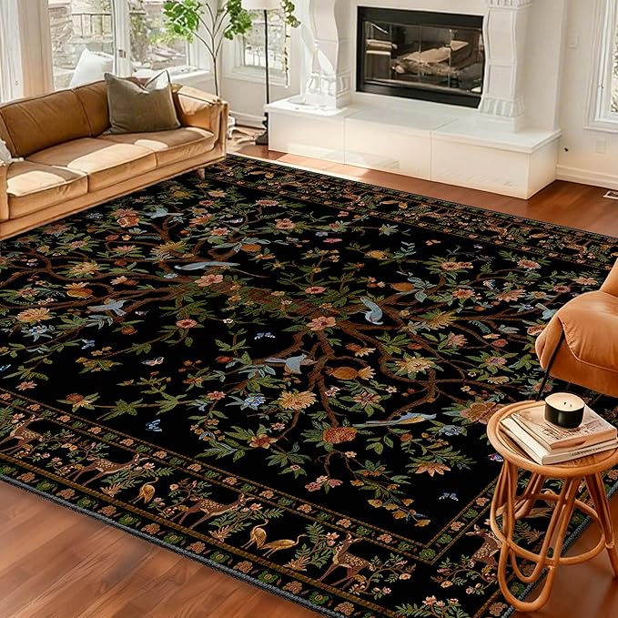 8x10 Area Rugs for Living Room, Machine Washable Non-Slip Carpet, Boho Floral Low Pile Throw Rugs for Bedroom, Dining Room, Office, Nursery, Vintage Home Decor（Black）