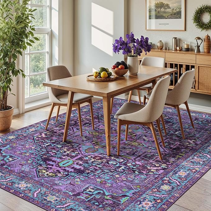 Kokia 9x12 Washable Area Rugs Violet Purple with Vintage Orient Design, Soft Rug for Living Room or Bedroom, Non-Slip Low Pile Stain Resistance Features, Distressed Medallion Pattern