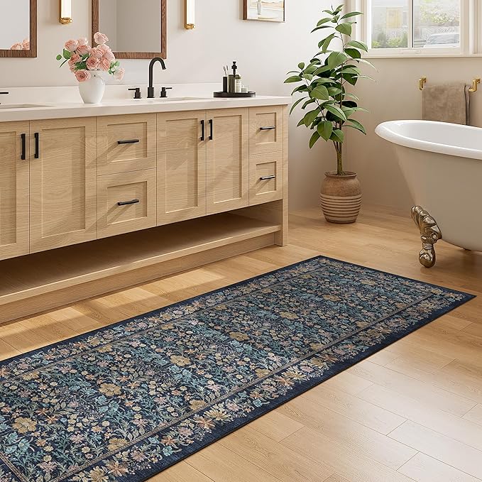 DOKINO 2x10 Runner Rug for Hallway, Vintage Washable Long Kitchen Rug with Low Pile Design, Floral Non Slip Soft Carpet Runner for Hallway, Kitchen, Bathroom, Bedroom, Dark Blue