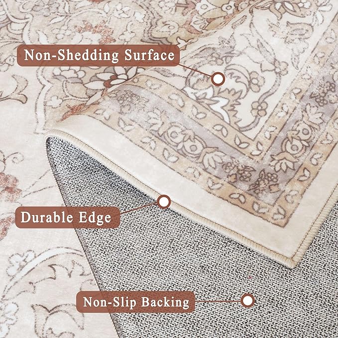 vivorug Beige 9x12 Area Rugs for Living Room, Non Slip Machine Washable Vintage Rug, Ultra-Thin Lightweight Large Area Rug for Bedroom, Dining Room, Low Pile Rug