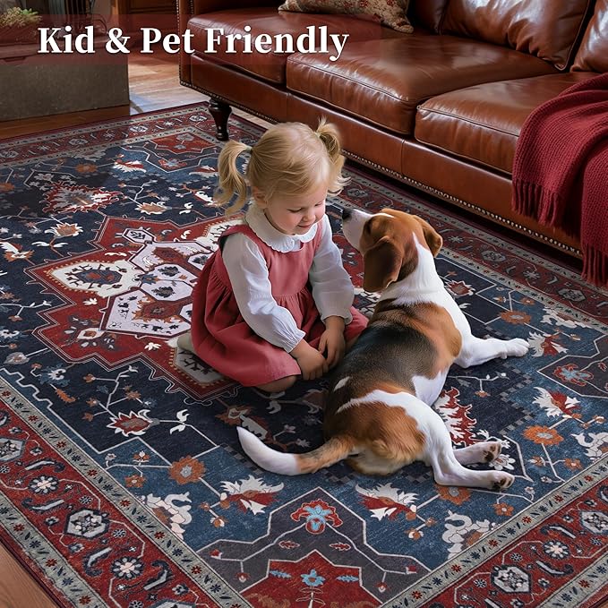 Tangsoo Oriental Red Rug 4x6 Washable Vintage Rugs Non Slip Indoor, Distressed Carpet for Living Room, Dining Room, Soft Low Pile Rugs Boho Foldable Floor for Bedroom Dorm Bedside Bathroom