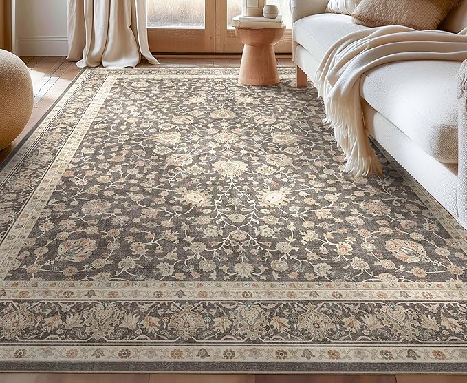 Well Woven Asha Rome Charcoal Brown 9'10" x 13' Area Rug - Oriental Floral Pattern, Easy Clean, Floor-Friendly Backing - for Living Room, Bedroom, and Dining Room