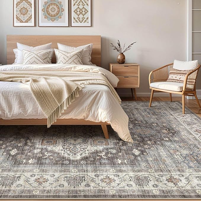 10x14 Area Rugs Living Room: Washable Boho Large Neutral Vintage Soft Rug Stain Resistant Farmhouse Non-Slip Indoor Floor Carpet for Bedroom Nursery Kids Office Dining Room Playroom- Grey Brown