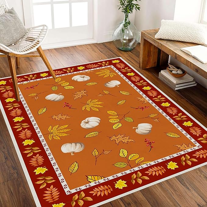 Fallen Leaves Carpet for Kitchen, 3x5ft, Autumn Pumpkins with Leave Orange Area Rug, Indoor Ultra-Thin Foldable Machine Washable Fun Pumpkin Bath Mat for Home Office Relax Room