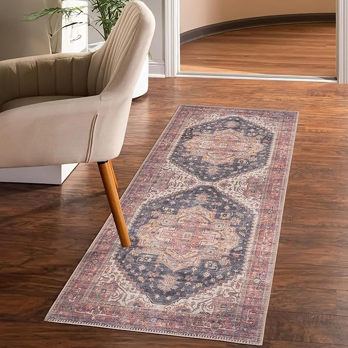 GLN Rugs Traditional Collection - Machine Washable Area Rug, Traditional Washable, Non Slip, Low Pile Chenille Rug, Living Room, Bedroom, Kitchen Rug (2'6" x 7' Black/Terra)