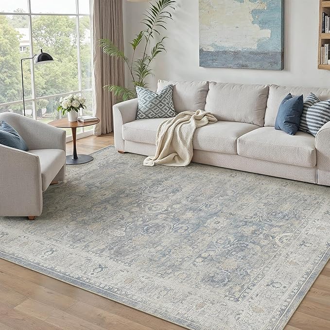 6x9 Blue Washable Area Rug for Living Room Bedroom Neutral Soft Non Slip Rug Low Pile Vintage Distressed Carpet for Dining Room Nursery Office Indoor