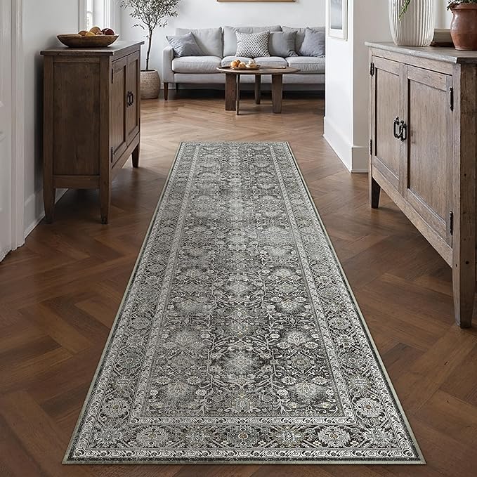 Black Runner Rug 2'6"x8' Vintage Area Carpet Hallway Long Indoor Kitchen Washable Living Room Low Pile Traditional Distressed Retro Accent Rug Non Slip Laundry Bathroom Office Dining Room