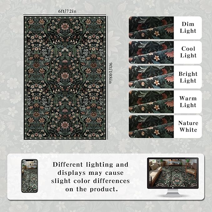 Floral Washable 6x9 Area Rug，Black Boho Rugs for Living Room, Soft Low-Pile Non-Slip Stain Resistant & Non-Shedding Carpet for Bedroom, Dining Room, Office, Entryway, Nursery