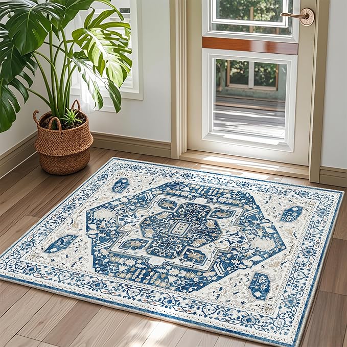 EnHomee 3x5 Washable Area Rugs for Bedroom, Boho Vintage Rugs, Foldable Area Rug for Dining Room, Non-Slip Soft Living Room Rug, Low Pile Large Carpet for Bathroom, Blue and White
