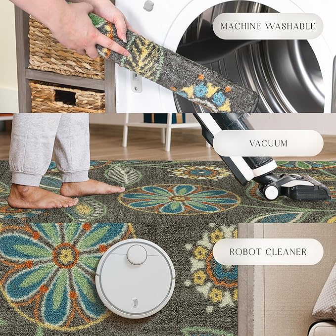 Maples Rugs Reggie Floral Kitchen Rug - Made in USA - Washable, Non Slip Indoor Carpet for Entryway, Foyer, Kitchen, and Bathroom, 1'8 x 2'8, Dark Grey