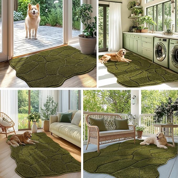 Large Dog Door Mat for Muddy Paws, 24x59 Absorbent Dirt Trapper Long Door Mat, Non-Slip Washable Mud Mat for Dogs, Polyester Microfiber Soft Pet Rug Mat for Entryway, Mud Dog Paws, Patio (Olive Green)