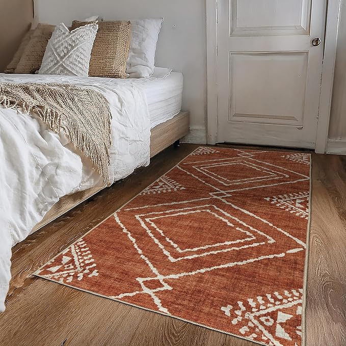 ReaLife Rugs Machine Washable Area Rug Runner - Living Room Bedroom Bathroom Kitchen Entryway Office - Padded Low Pile Stain Resistant Premium - Moroccan Diamond Tribal - Jax - Orange 3' x 5'