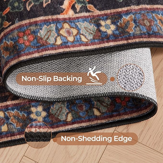 Kokia Boho Vintage Floral Area Rugs, Washable Oriental Botanical Rugs for Living Room, Bedroom, Dining Room, Office, Large Soft Indoor Area Rug, Wild Black，8x10