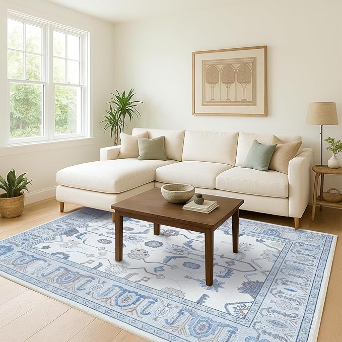 Fame Living Cream Blue Oushak Rug, Modern Rugs, Vintage, Turkish, Eclectic, Floral, Pastel, Washable, Small Throw, Accent Area Rug for Living Room, Bedroom, Kitchen, Bathroom, 2'5"x4'9