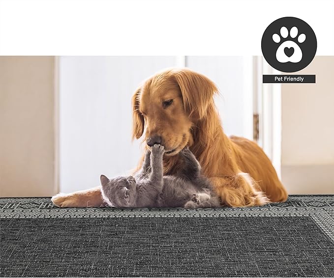 FH Home Flat Woven Outdoor Rug - Waterproof, Easy to Clean, Stain Resistant - Premium Polypropylene Yarn - Bordered Moroccan - Patio, Porch, Deck, Balcony - Accra - Charcoal - 5ft 2in x 7ft 6in
