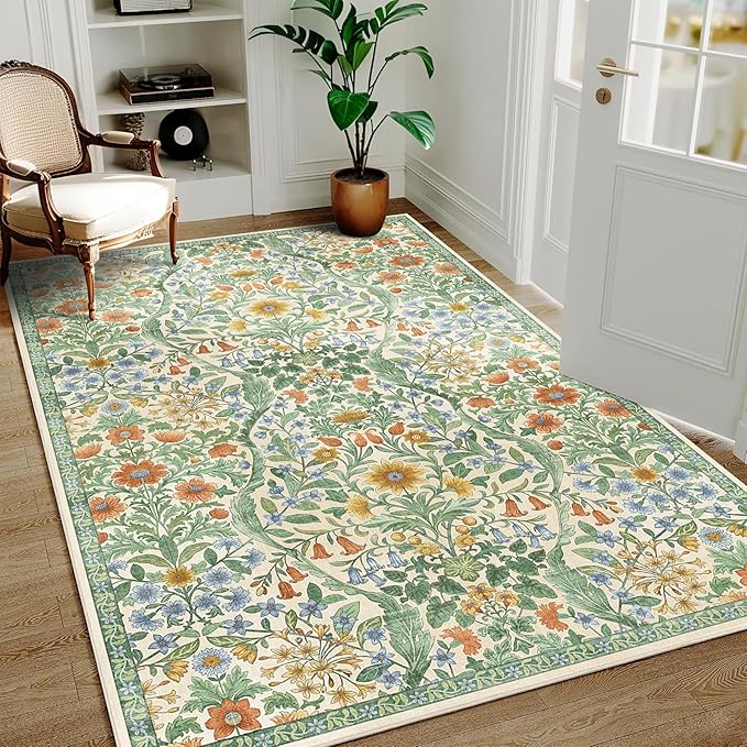 4x6 Grass Green Floral Boho Area Rug,Low-Pile Stain Resistant Non-Slip Machine Washable Carpet for Living Room,Bedroom, Kitchen,Entryway,Dining Room, Nursery