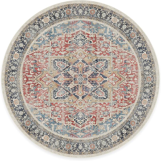 RUGGABLE Washable Vintage Area Rug – Kamran Cayenne Red 6 ft Round, Stain-Resistant, Non-Slip – Medium Machine Washable Rugs for Living Room, Bedroom, Hallway, Entryway & Office–with Cushioned Pad