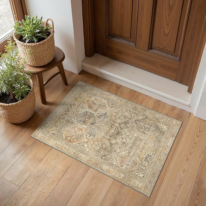 Bavni 2x3 Entryway Rug Bathroom Rugs for Front Door Bedroom Bathroom Kitchen, Washable Vintage Print Carpet, Ultra-Thin Chenille Lightweight Rug with Non Slip Backing, Wood