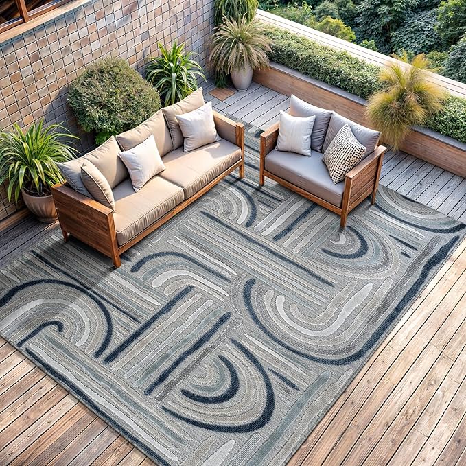 CAMILSON Indoor Outdoor Rug, Blue 6x9 Geometric Arch Striped Area Rugs for Patio and Home Areas, Easy-Cleaning Non-Shedding Living Room, Garden and Deck Washable Outside Carpet (6 x 9)
