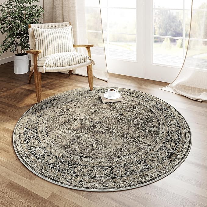 Brown Round Area Rug 3ft Entryway 3x3 Circle Vintage Indoor Kitchen Washable Door Mat Living Room Carpet Non Slip Traditional Distressed Retro Accent Throw Rug Office Dining Room Bathroom