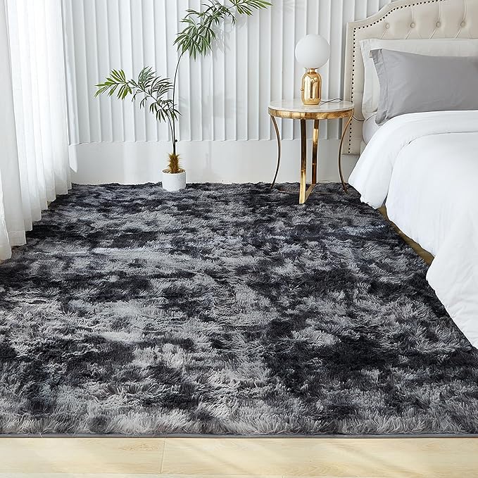 Andency Soft Area Rugs for Living Room Bedroom, 5x8 Fluffy Shaggy Bedside Rug, Non-Slip Large Shag Fuzzy Plush Carpets for Bedroom Kids Dorm Nursery Home Decor Aesthetic, Tie-Dyed Dark Grey